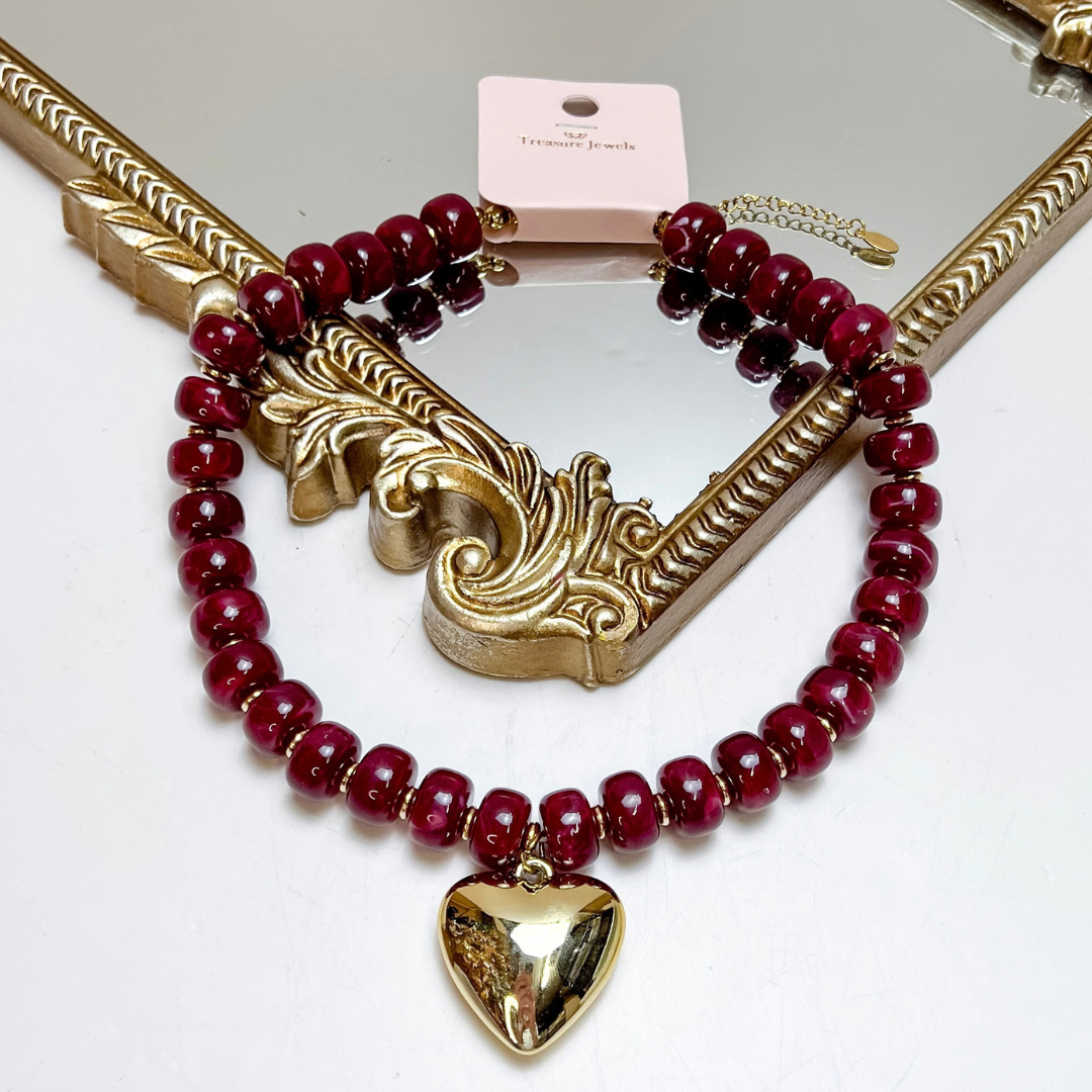 Treasure Jewels | Beloved Necklace with Gold Heart Pendant in Maroon