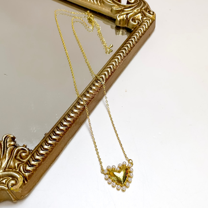 Treasure Jewels | Cute Love Pearl Trimmed Heart Pendant Chain Necklace in Gold
