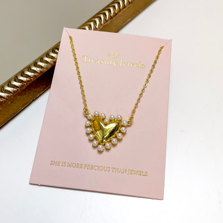 Treasure Jewels | Cute Love Pearl Trimmed Heart Pendant Chain Necklace in Gold