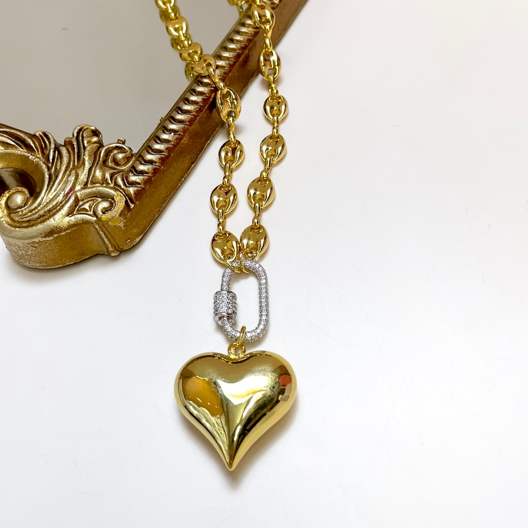 Treasure Jewels | Double Trouble Chain Heart Pendant Necklace with Crystal Link in Gold