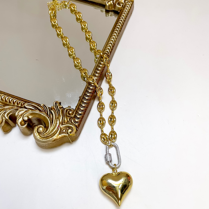 Treasure Jewels | Double Trouble Chain Heart Pendant Necklace with Crystal Link in Gold