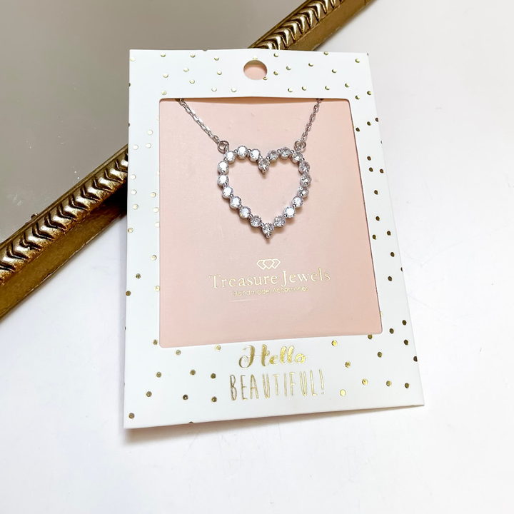 Treasure Jewels | Outlined in Love Sparkle Crystal Open Heart Necklace in Silver