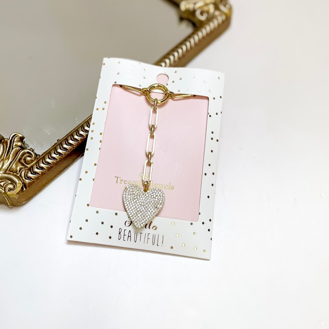 Treasure Jewels | With Love Pave Heart Drop Paperclip Chain Necklace in Gold