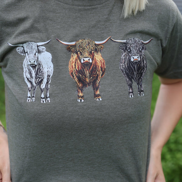 Person wearing a t-shirt with three bull illustrations on a green background