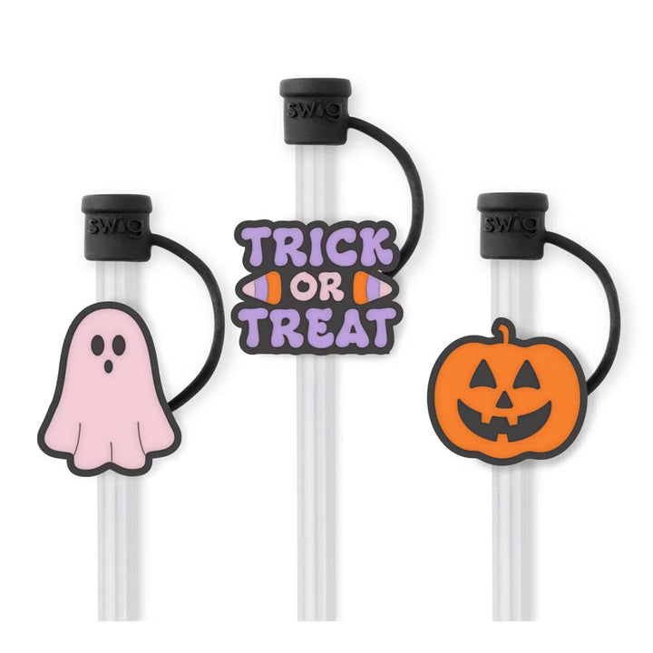 Halloween-themed straws with ghost, pumpkin, and 'Trick or Treat' design on a white background.