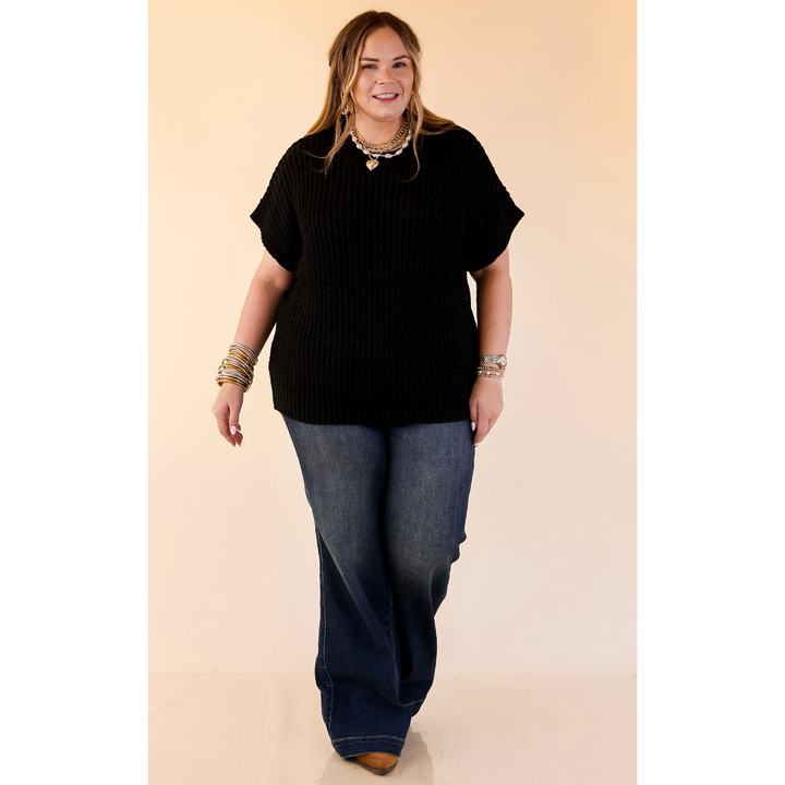 Tried and True Short Sleeve Oversized Knit Sweater in Black
