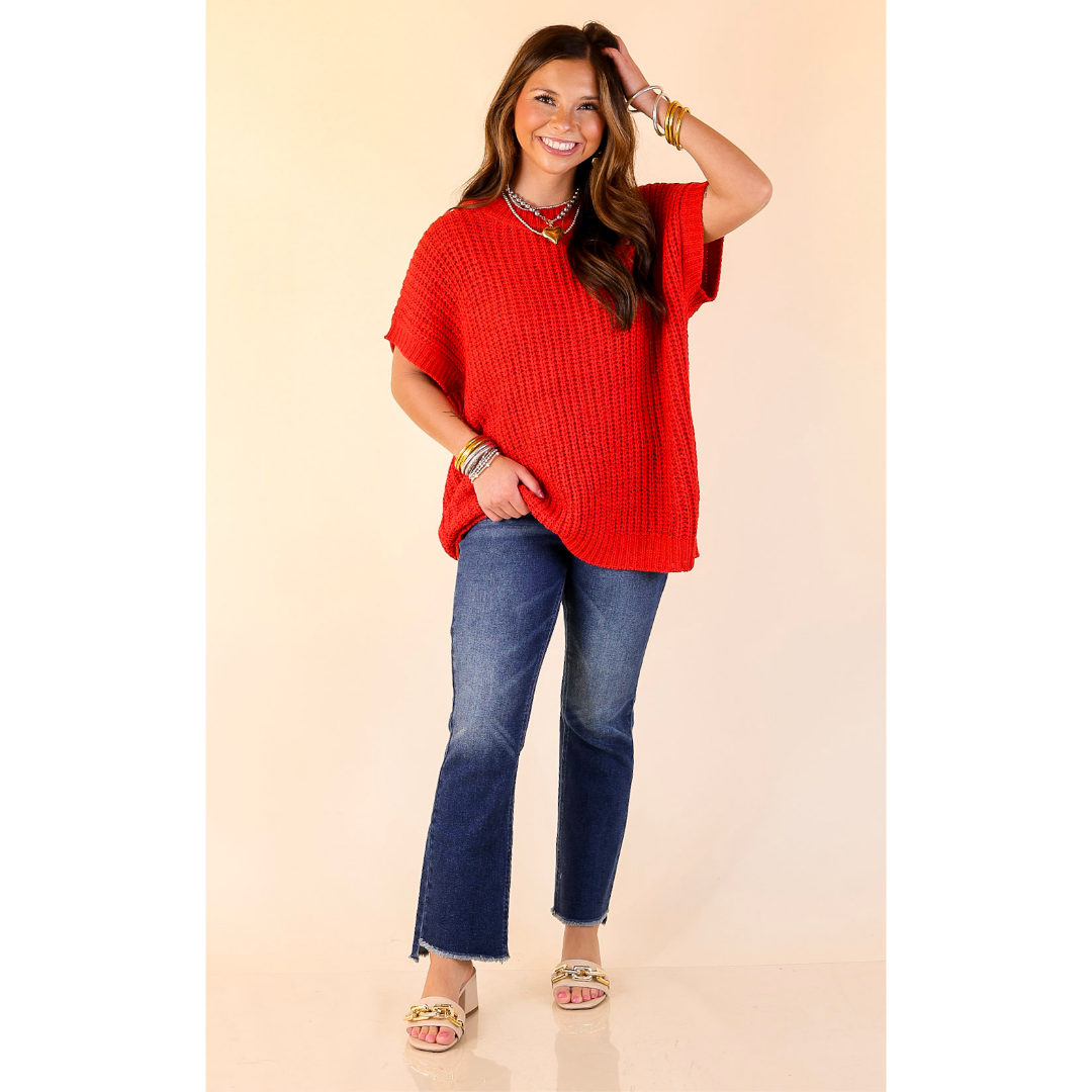 Tried and True Short Sleeve Oversized Knit Sweater in Red