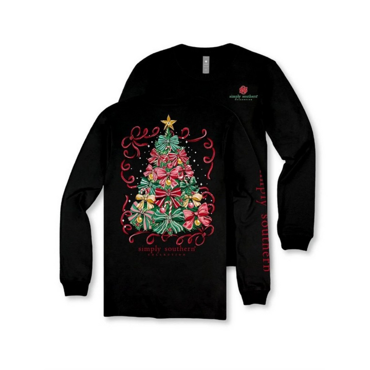 Trimmed to Perfection bow Christmas tree long sleeve tee in black