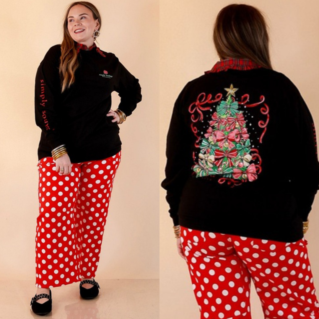 Trimmed to Perfection bow Christmas tree long sleeve tee in black