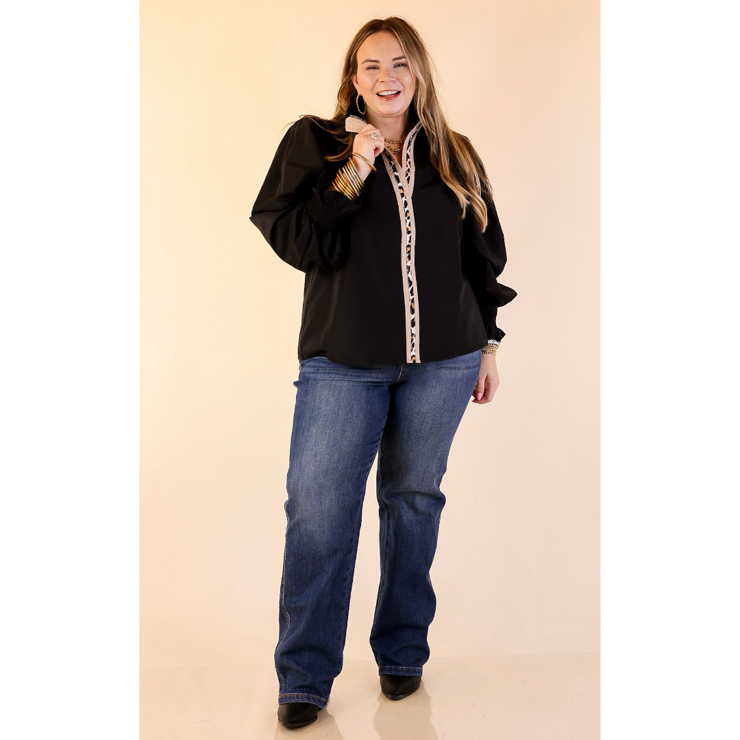 Trimmed in Style Puff Long Sleeve Blouse with Contrast Leopard Trim and Ruffle in Black