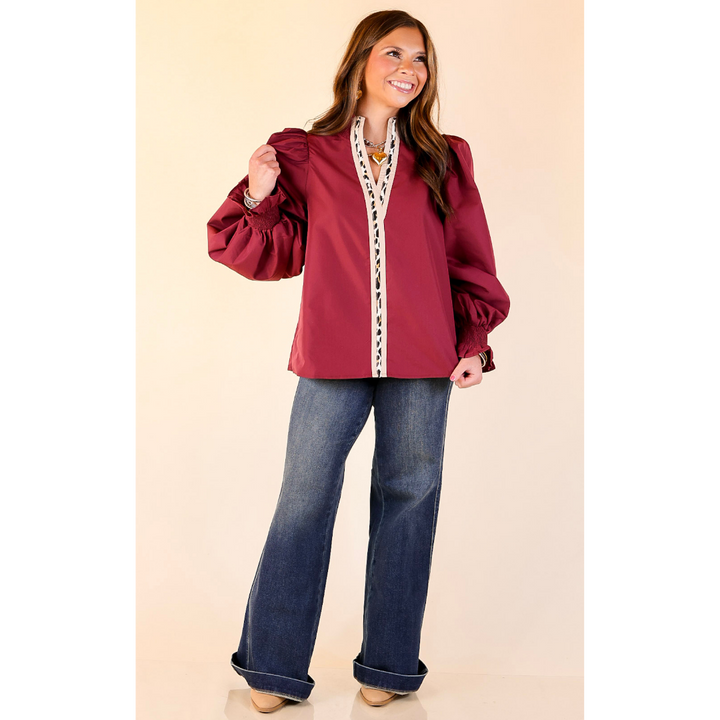 Trimmed in Style Puff Long Sleeve Blouse with Contrast Leopard Trim and Ruffle in Maroon