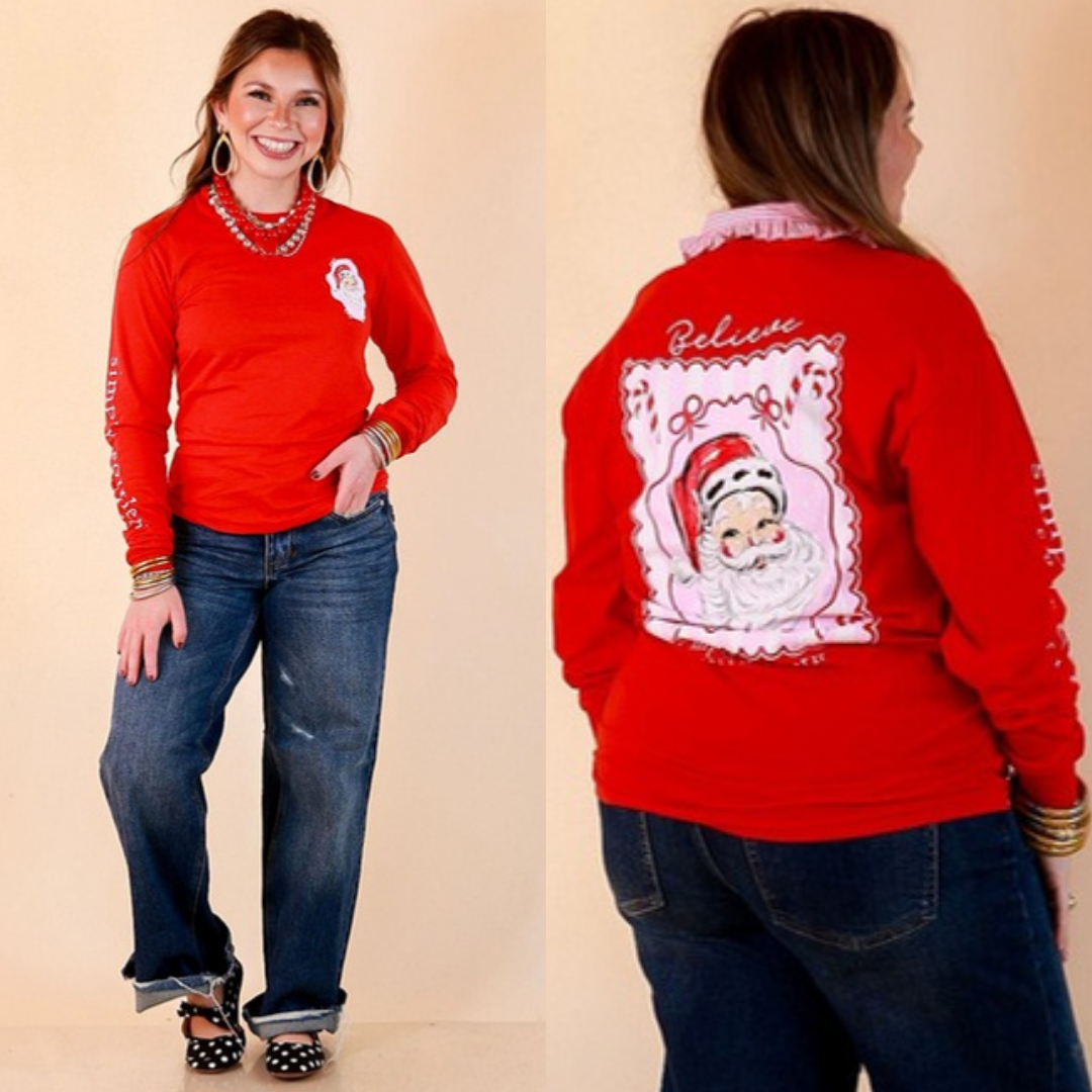True Believer vintage Santa believe long sleeve tee in red