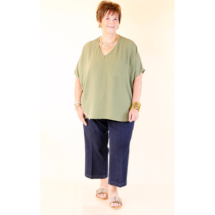 Try To Resist Short Sleeve V Neck Top with Front Pocket in Olive Green