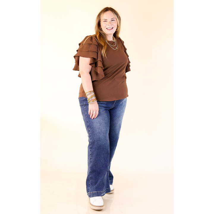 Turning Heads Multi-Tiered Ruffle Cap Sleeve Top in Chocolate Brown