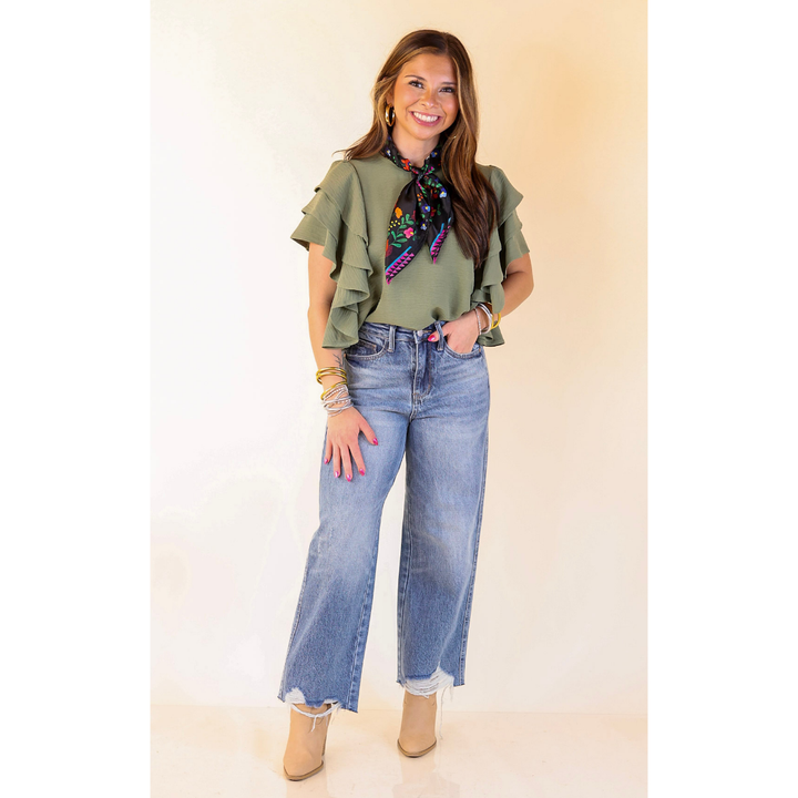 Turning Heads Multi-Tiered Ruffle Cap Sleeve Top in Olive Green