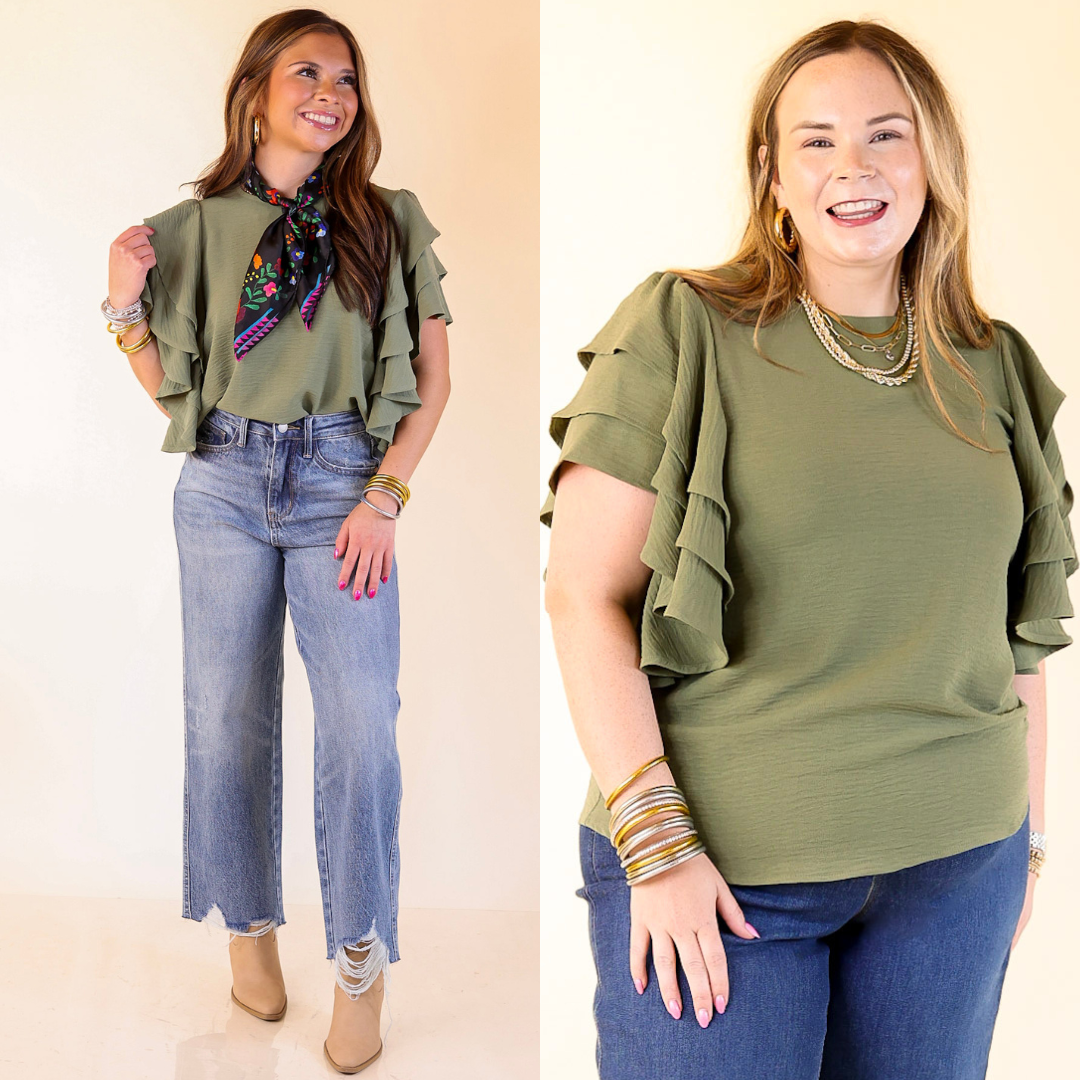 Models wearing Olive Green Ruffle Sleeve Top with jeans.