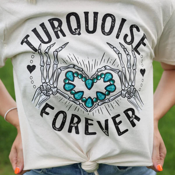 White t-shirt with skeleton hands holding turquoise stones and 'Turquoise Forever' text.
