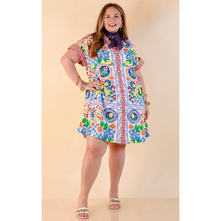 Tuscan Daydream Floral Border Print Button Front Mini Dress in Blue Multi