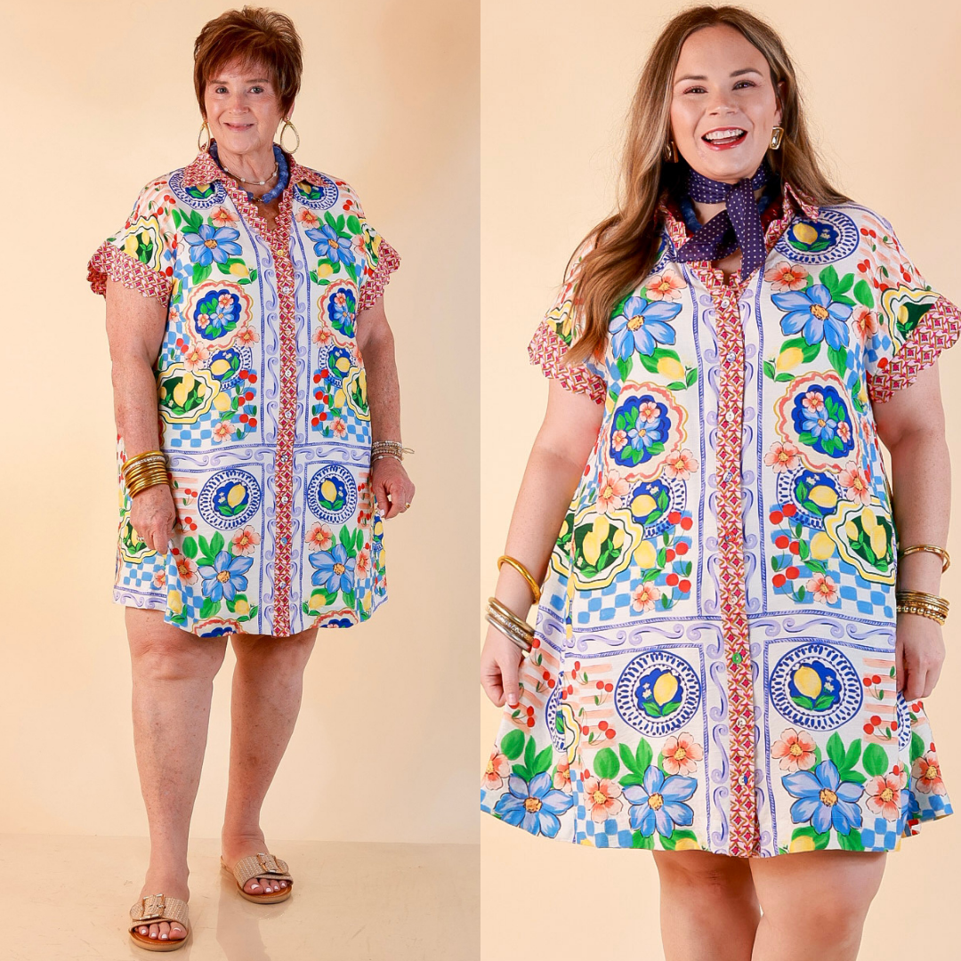 Tuscan Daydream Floral Border Print Button Front Mini Dress in Blue Multi