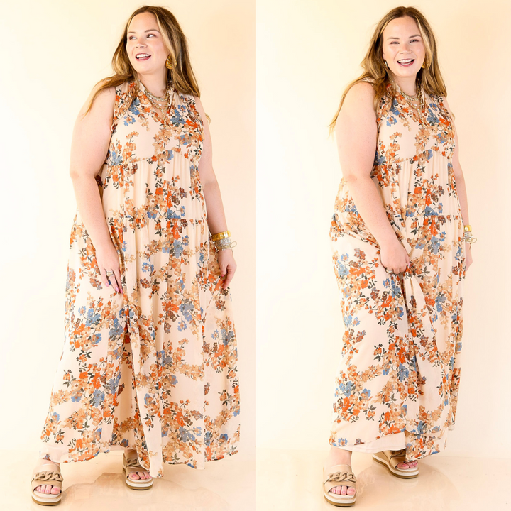 Woman wearing a floral dress in Ivory on a beige background.