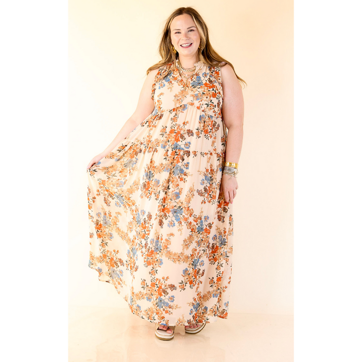 Twirl into Fall Notched Neck Tiered Floral Maxi Dress in Ivory