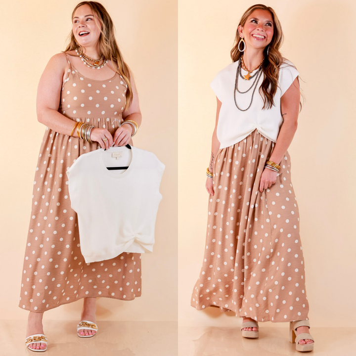 Two Ways to Charm Polka Dot Spaghetti Strap Dress Set with Detachable Ivory Top in Taupe
