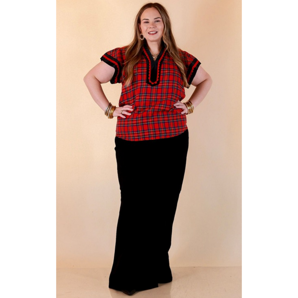 Unapologetically Wild plaid top with velvet details in red, black and green