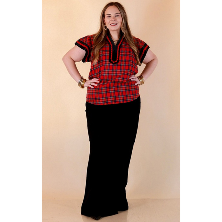 Unapologetically Wild plaid top with velvet details in red, black and green
