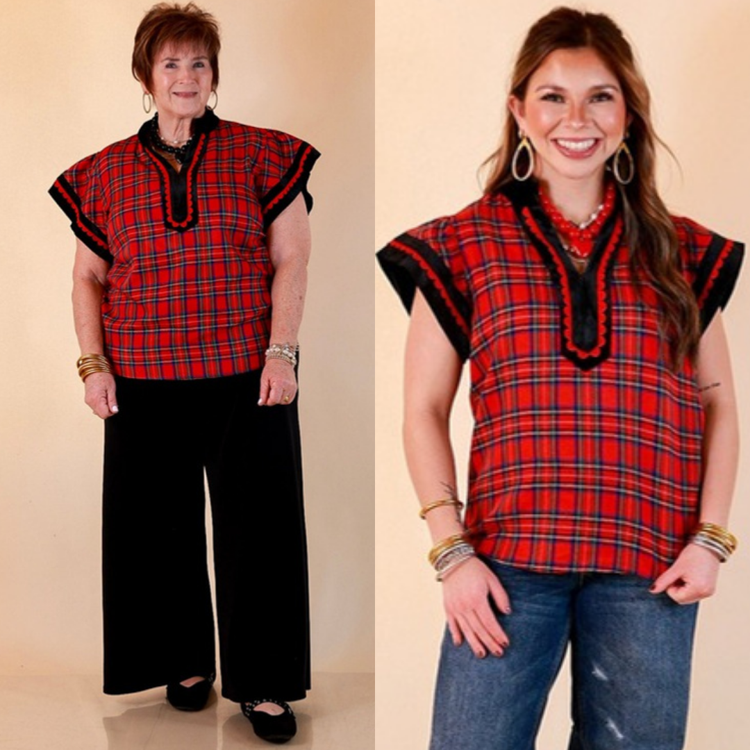Unapologetically Wild plaid top with velvet details in red, black and green