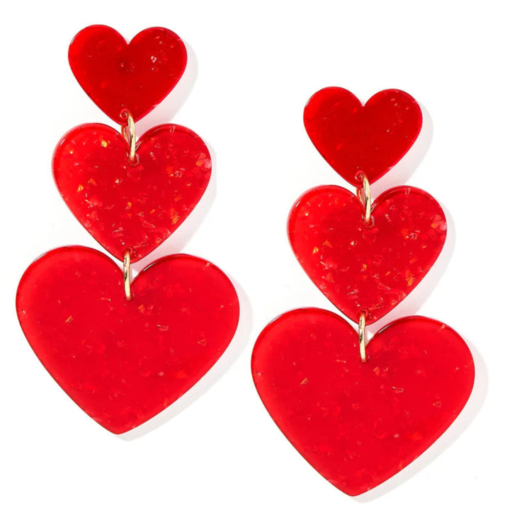 Linny Co | Penny Triple Tier Heart Drop Earrings in Hot Tamale Red