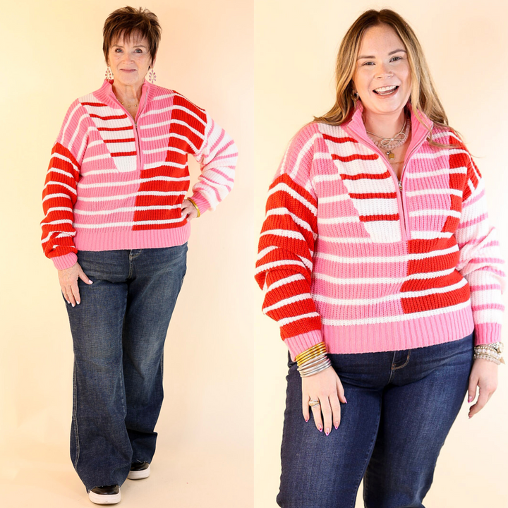 Sweetheart Stripe Half Zip Striped Sweater in Red and Pink