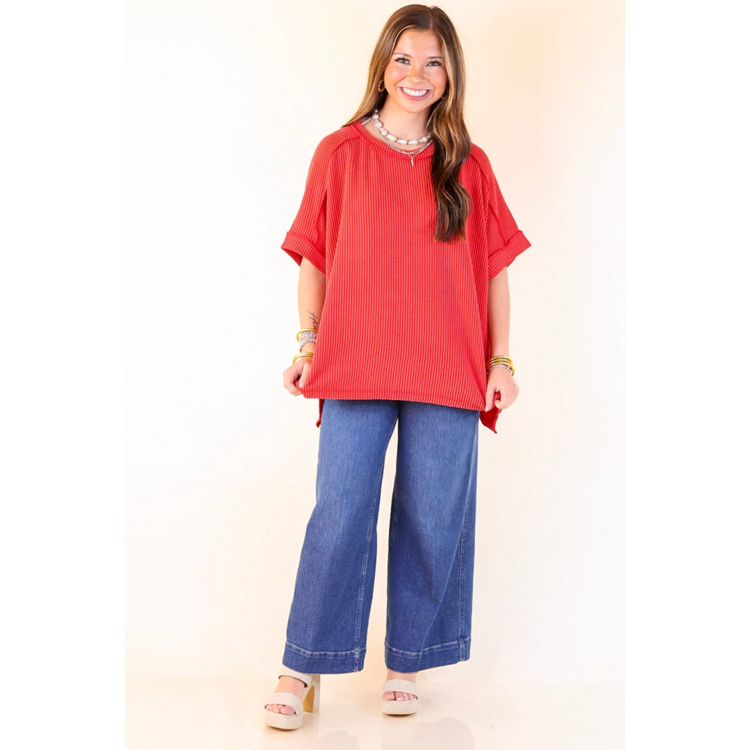 Daily Perfection Scoop Neck Short Sleeve Ribbed Top in Red