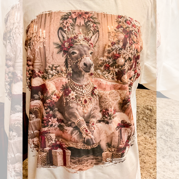 Custom Made to Order Preorder | Christmas Queen Sassy Glam Jeweled Donkey Short Sleeve Christmas Graphic Tee with Crystals in Cream