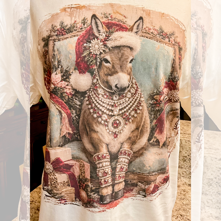 Custom Made to Order Preorder | Christmas Tilly Glam Santa Hat Donkey Short Sleeve Christmas Graphic Tee with Crystals in Cream