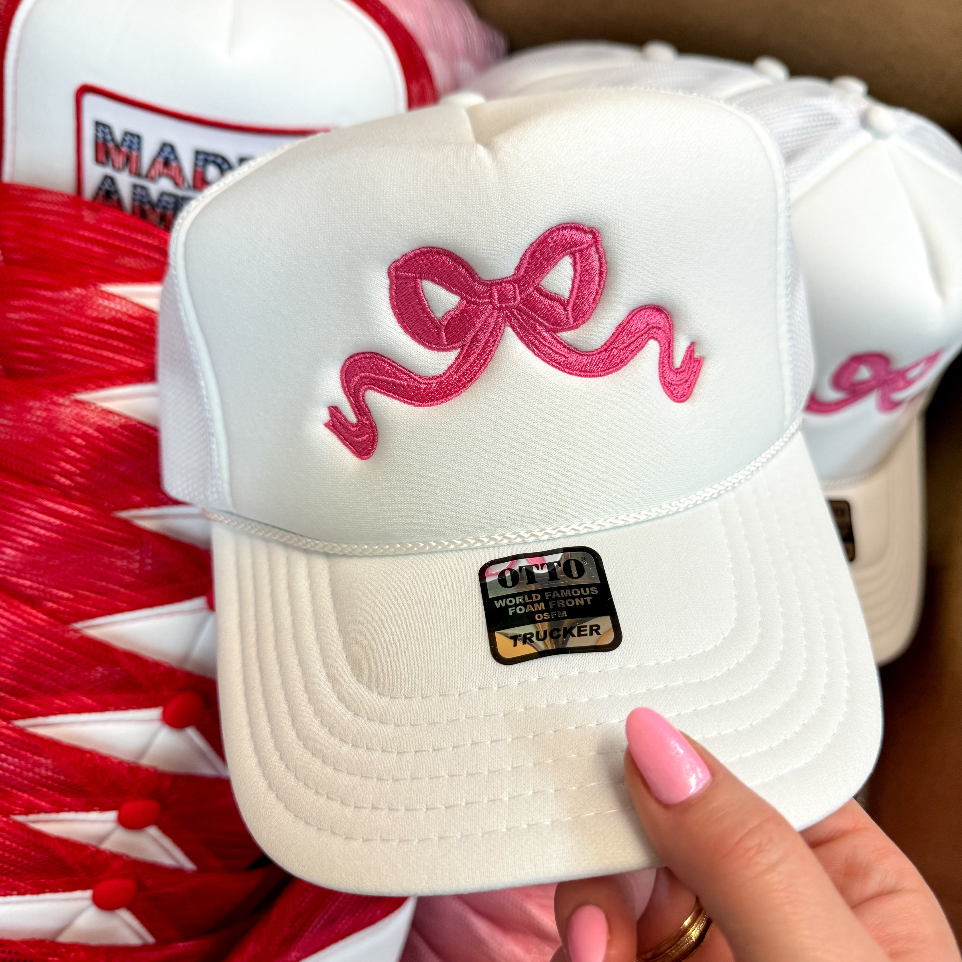 Pink Bow Foam Trucker Hat in White - Giddy Up Glamour Boutique
