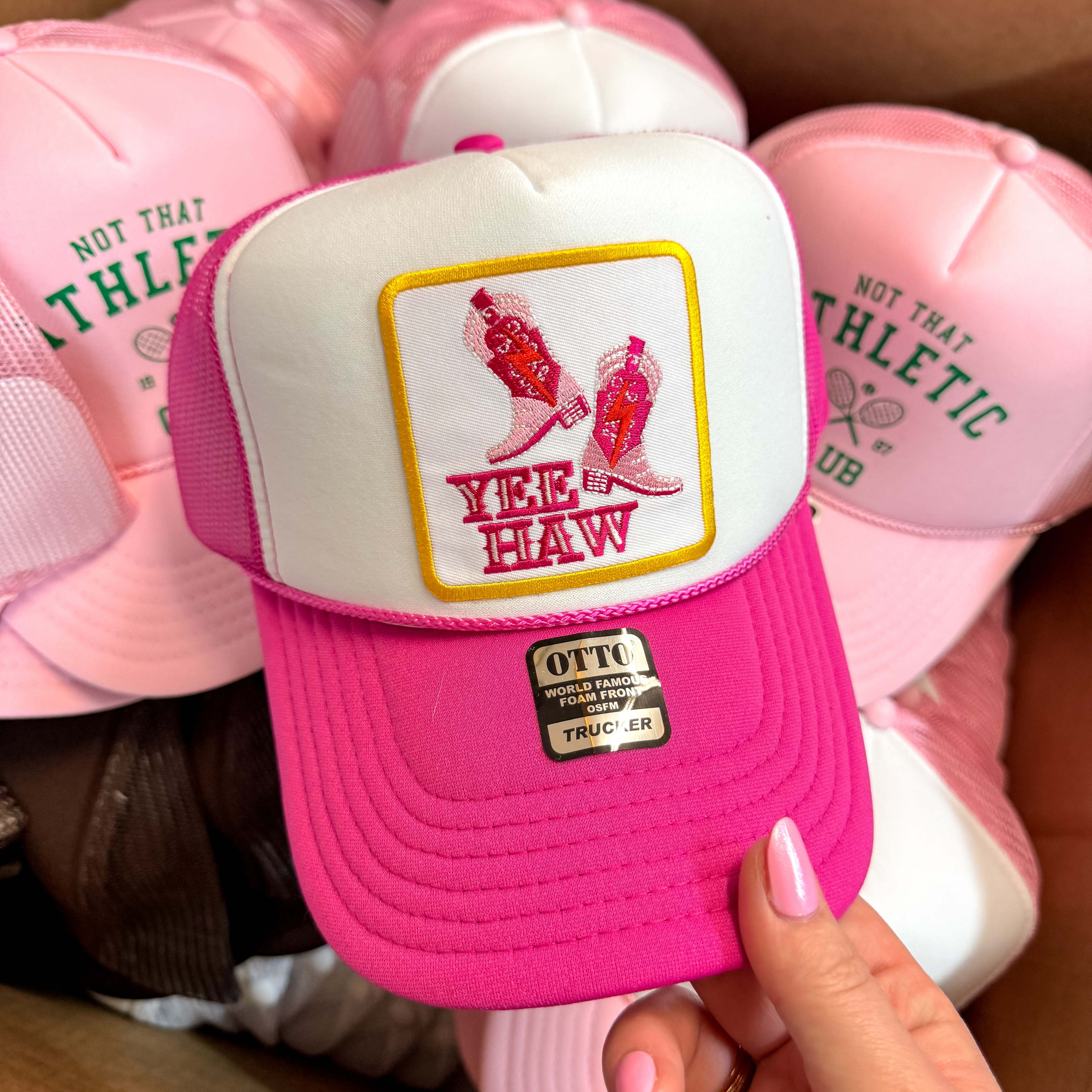 Yeehaw Boots Foam Trucker Hat in Hot Pink and White - Giddy Up Glamour Boutique