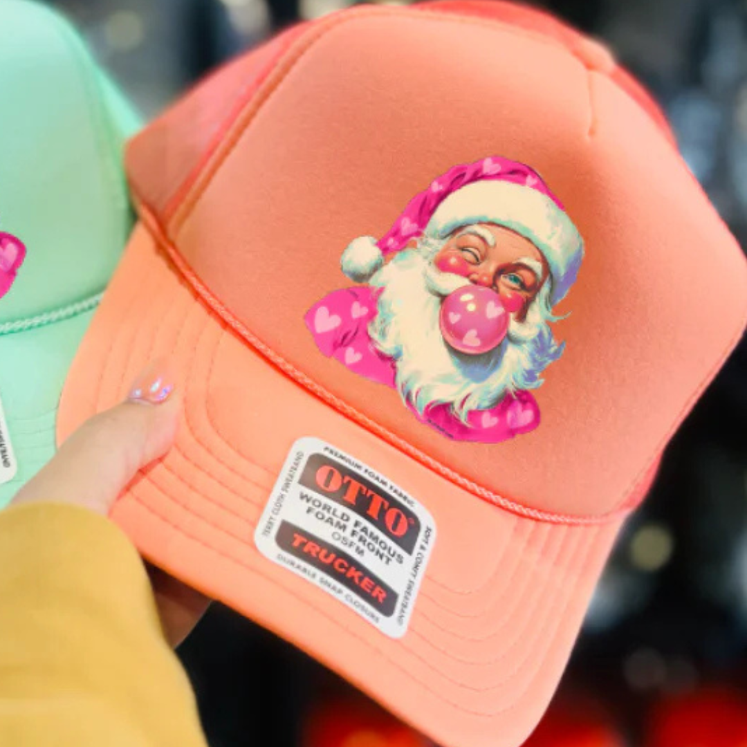 Online Exclusive | Bubblegum Heart Santa Trucker Cap in Coral