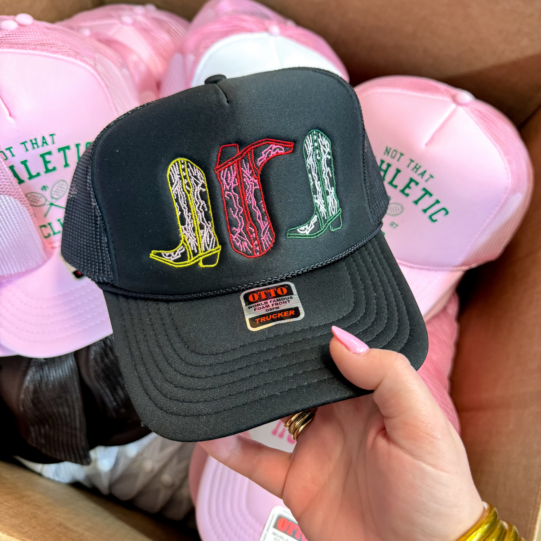 3 Boots Foam Trucker Hat in Black - Giddy Up Glamour Boutique