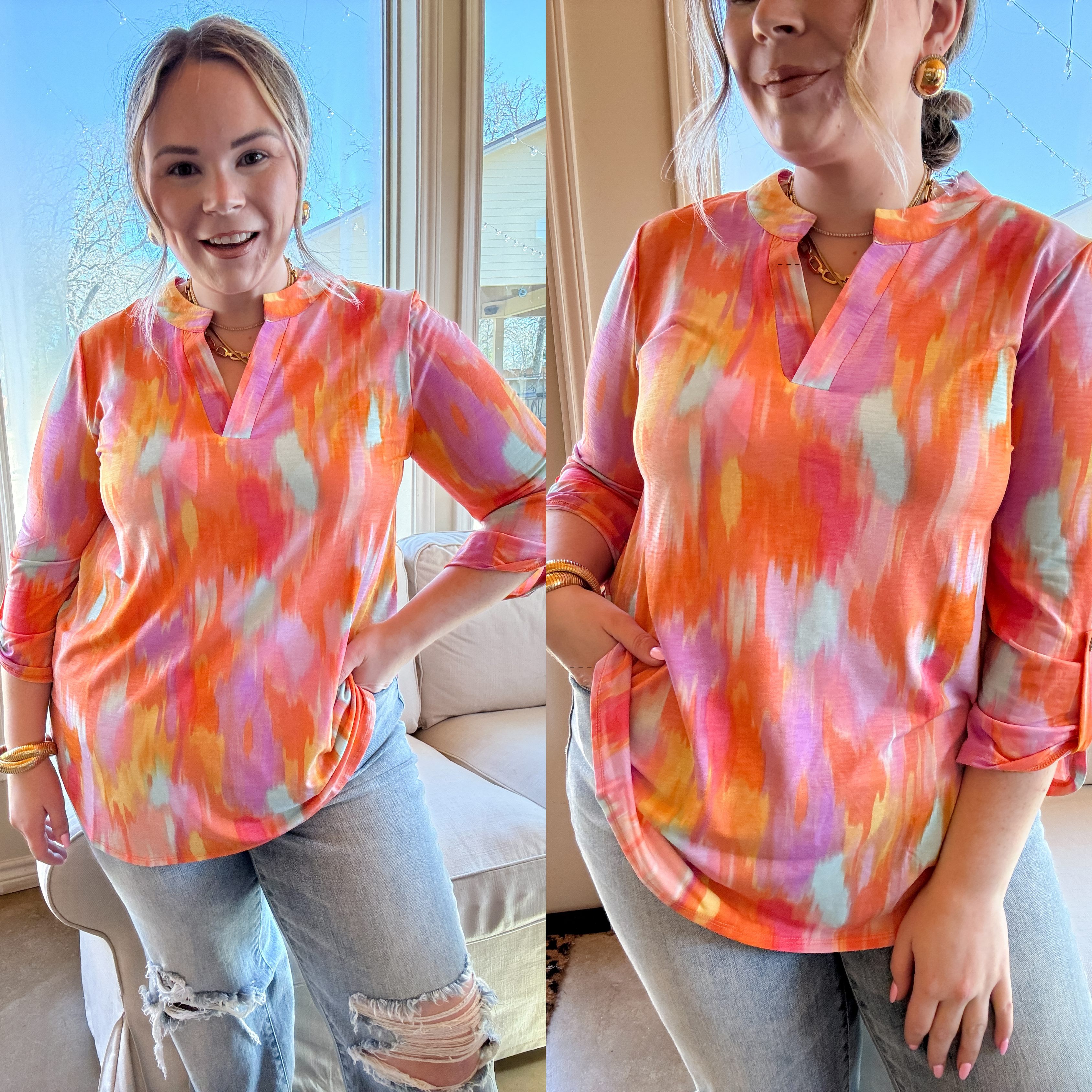 Urban Elegance Watercolor 3/4 Sleeve Tunic Top in Orange Mix - Giddy Up Glamour Boutique