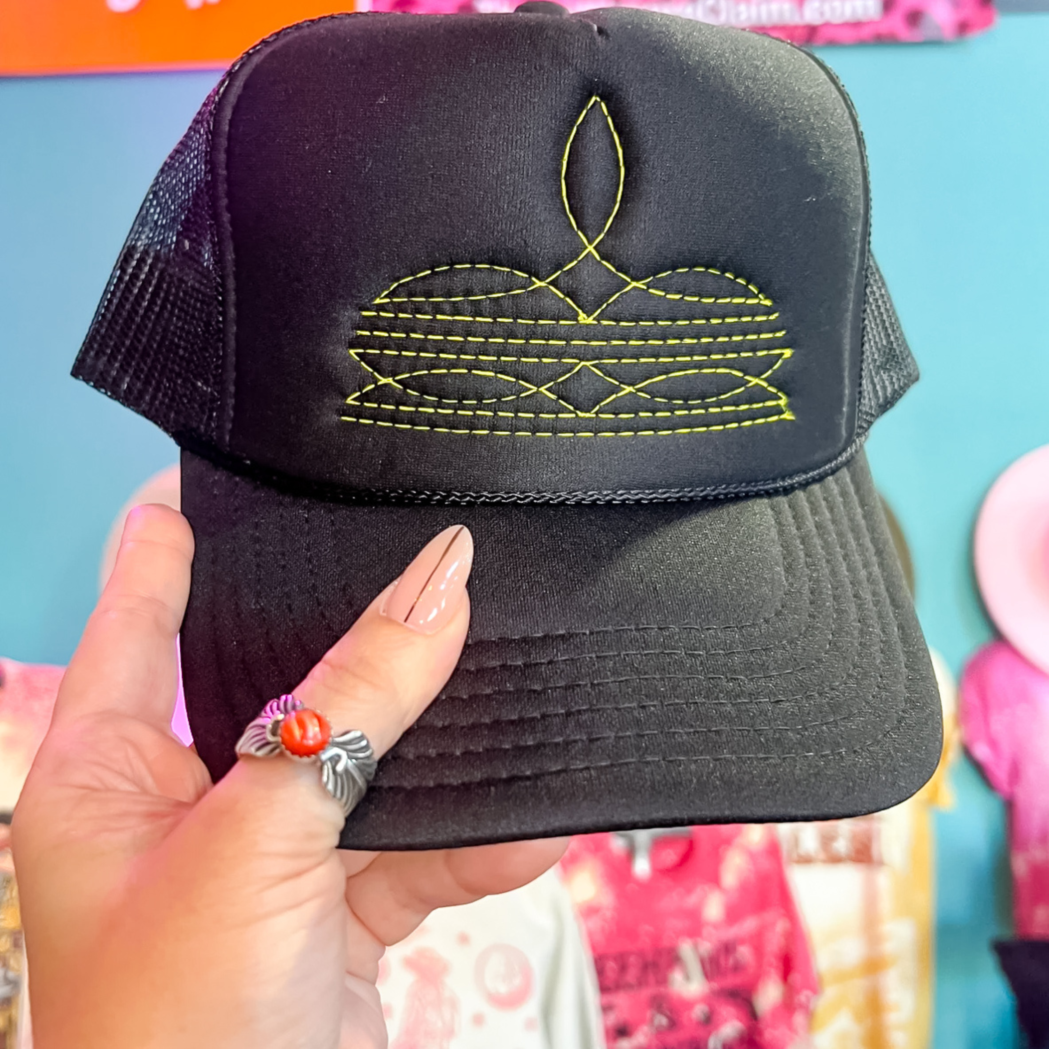 Online Exclusive | Yellow Boot Stitch Foam Trucker Cap in Black - Giddy Up Glamour Boutique