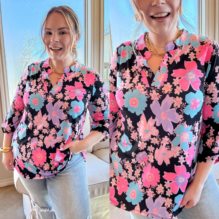 Urban Elegance Floral Print 3/4 Sleeve Tunic Top in Black Mix - Giddy Up Glamour Boutique