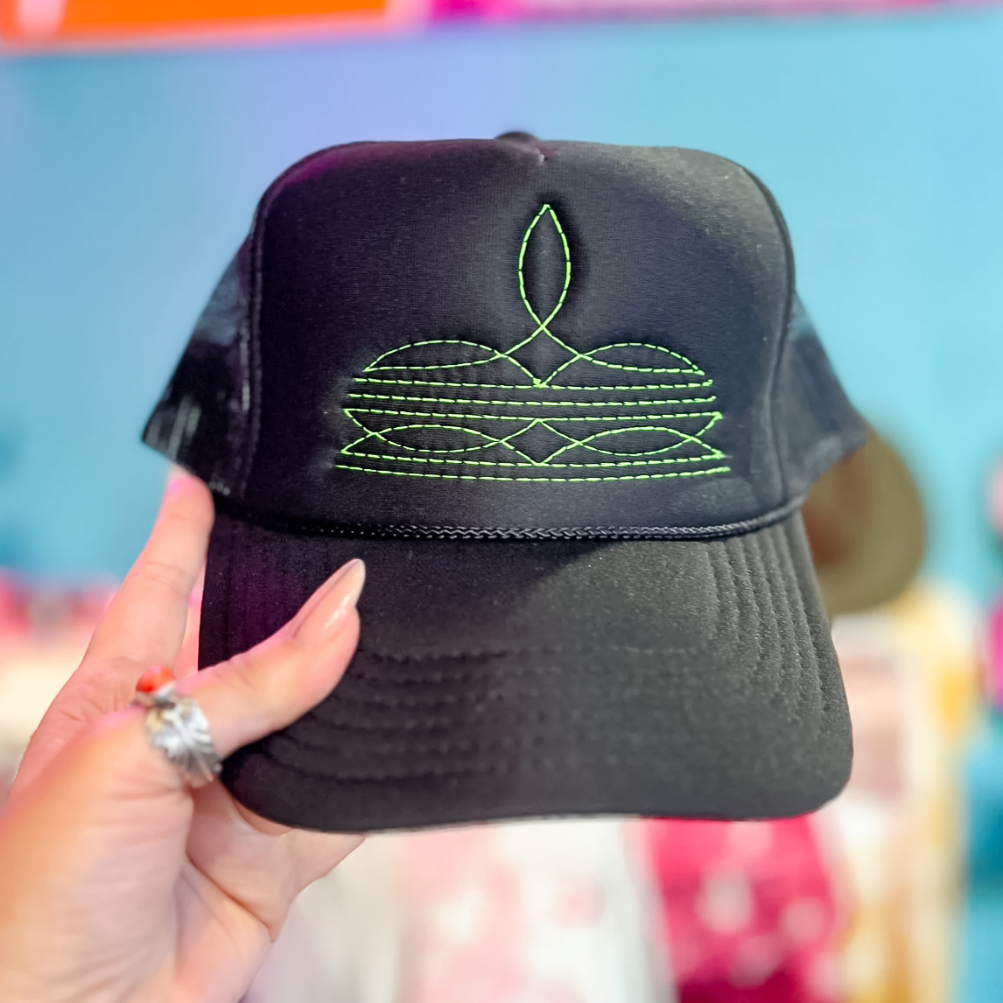 Online Exclusive | Neon Green Boot Stitch Foam Trucker Cap in Black - Giddy Up Glamour Boutique
