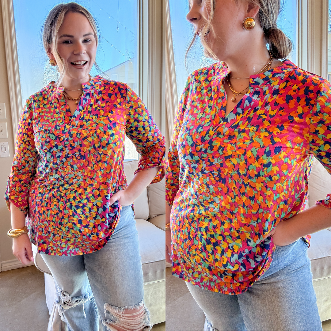 Urban Elegance Animal Print 3/4 Sleeve Tunic Top in Pink Mix - Giddy Up Glamour Boutique