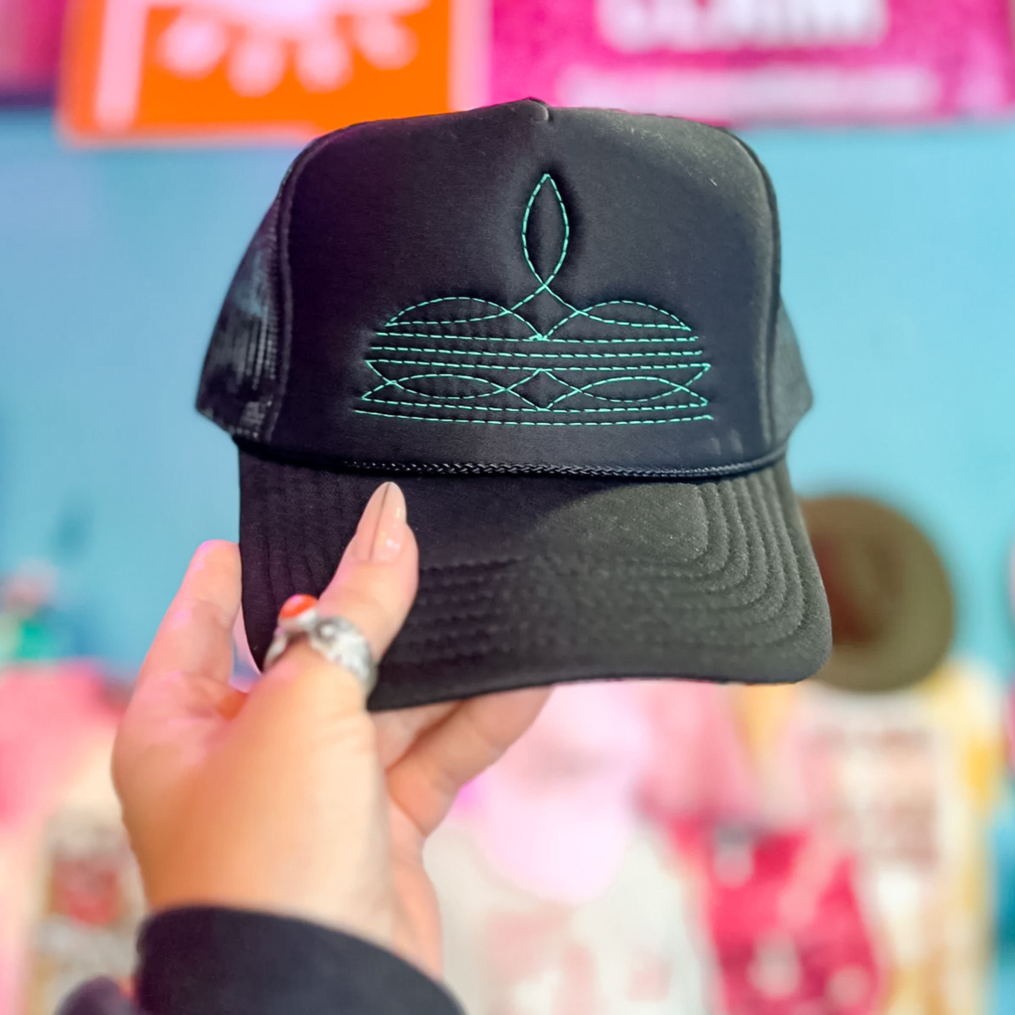 Online Exclusive | Turquoise Boot Stitch Foam Trucker Cap in Black - Giddy Up Glamour Boutique