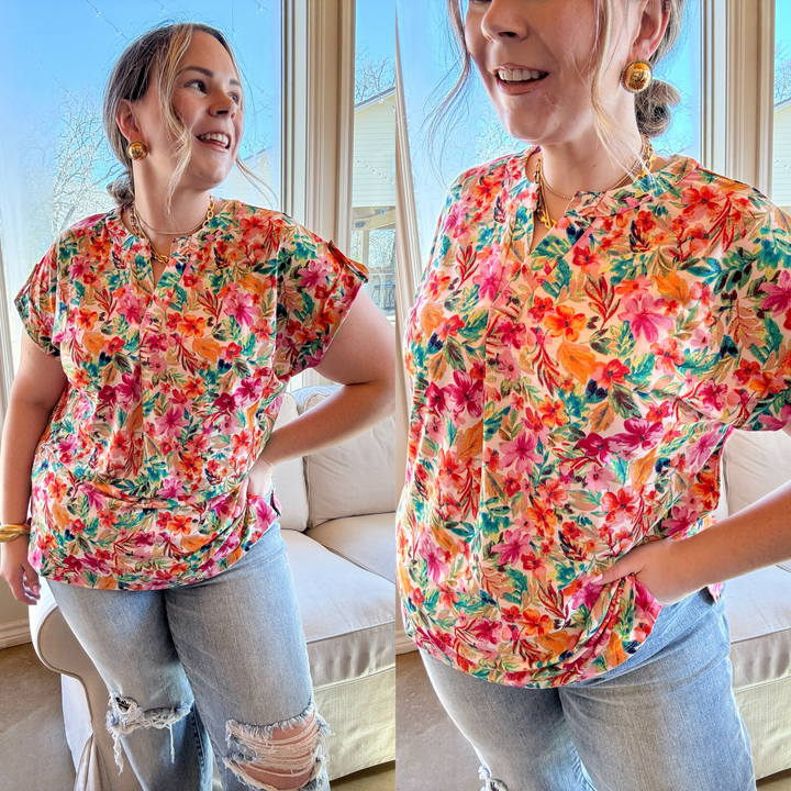 Downtown Darling Floral Print Short Sleeve Tunic Top in Pink Mix - Giddy Up Glamour Boutique