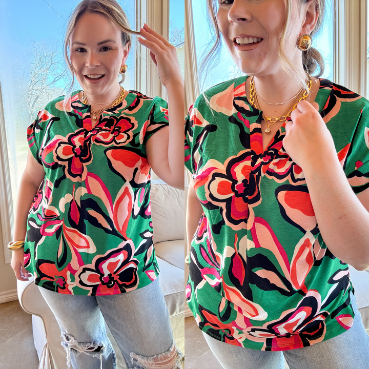 Downtown Darling Floral Print Short Sleeve Tunic Top in Green Mix - Giddy Up Glamour Boutique