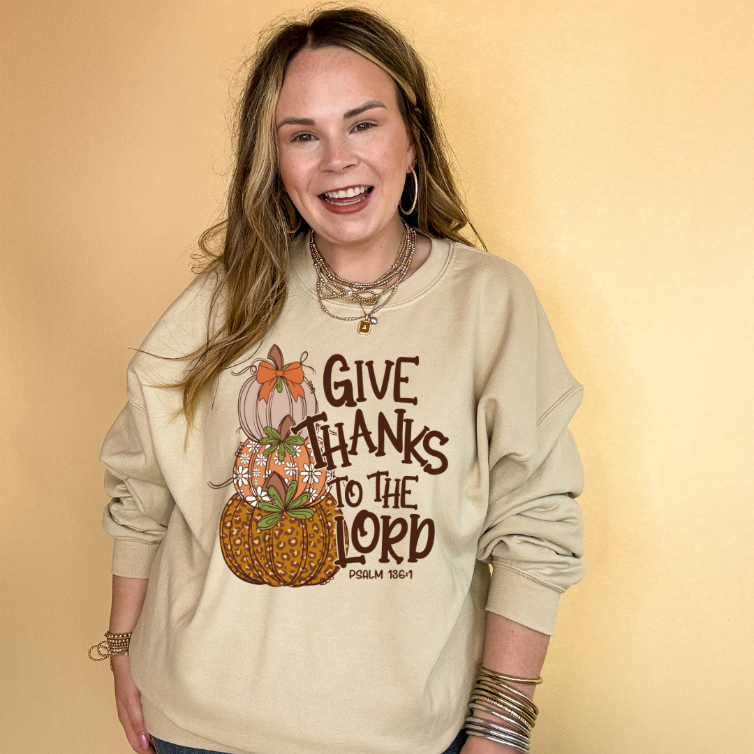 Online Exclusive | Give Thanks to the Lord Stacked Autumn Pumpkins with Bow Graphic Sweatshirt in Multiple Color Options