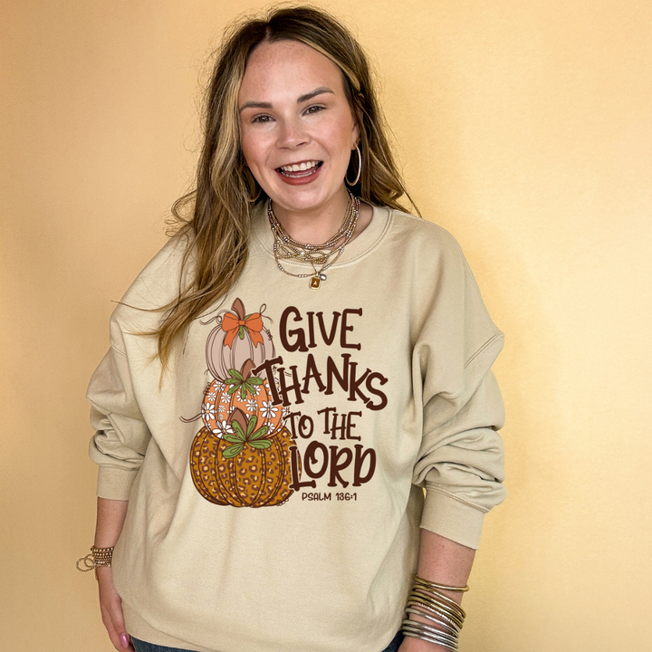 Online Exclusive | Give Thanks to the Lord Stacked Autumn Pumpkins with Bow Graphic Sweatshirt in Multiple Color Options