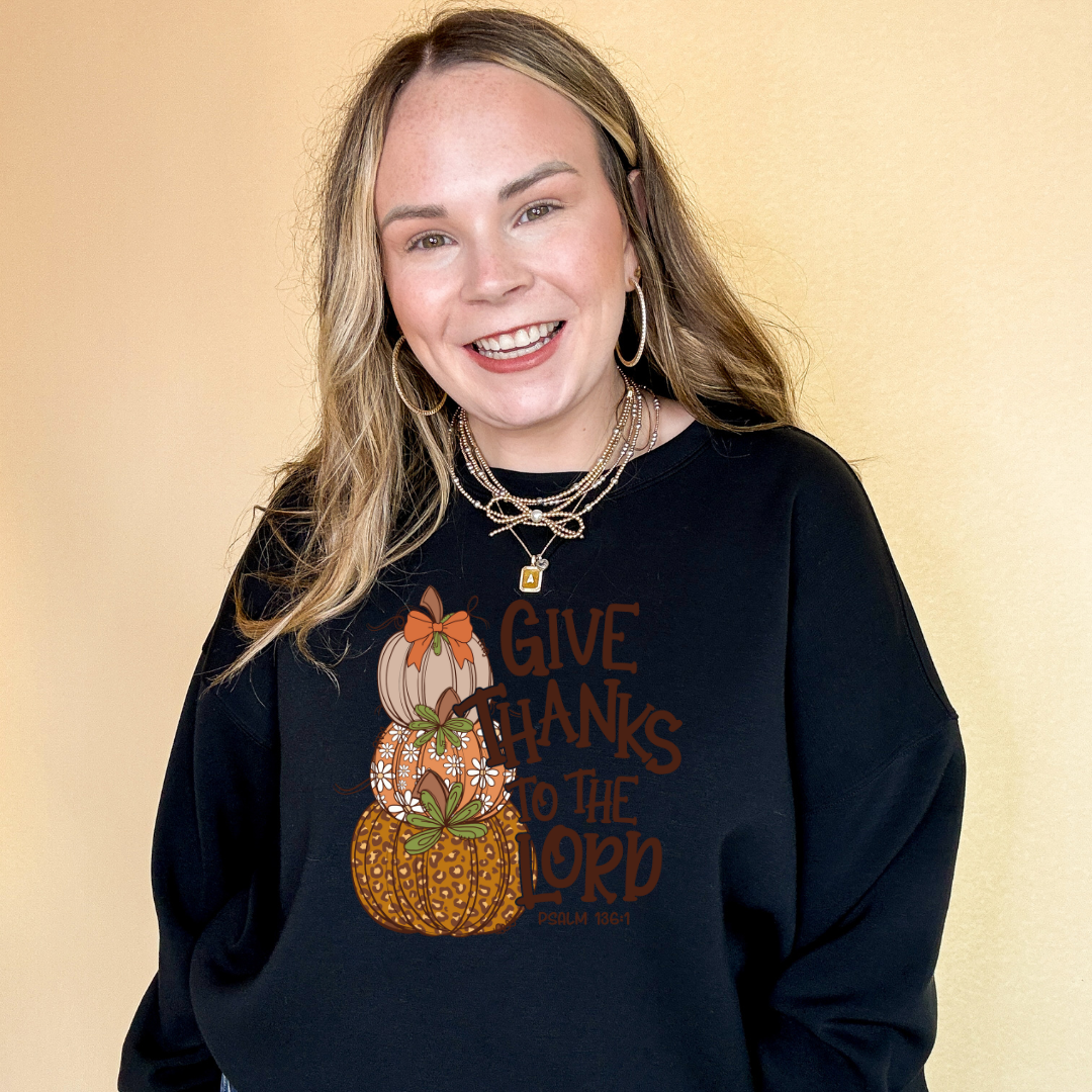 Online Exclusive | Give Thanks to the Lord Stacked Autumn Pumpkins with Bow Graphic Sweatshirt in Multiple Color Options