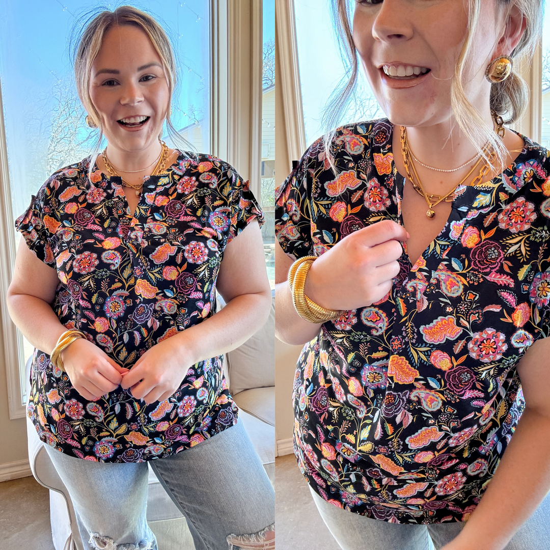 Downtown Darling Floral Print Short Sleeve Tunic Top in Black Mix - Giddy Up Glamour Boutique